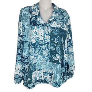 Denim & Co. Womens Printed Top Curved Hem Turquoise XL Pullover Floral A520327